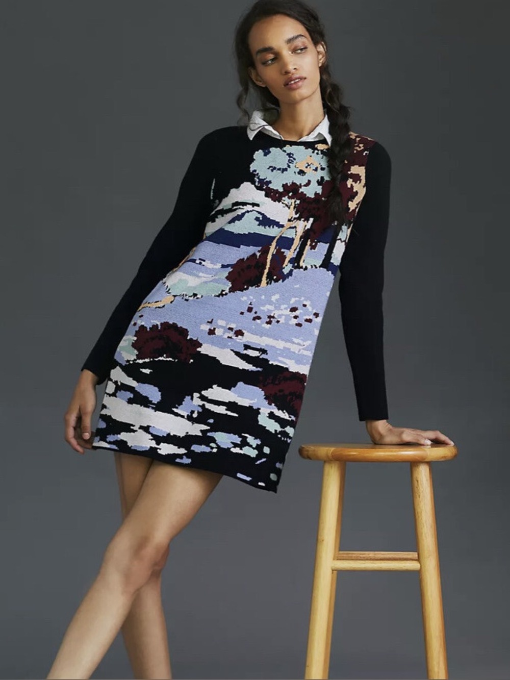Anthropologie / Maeve Scenic Min Sweater Dress Black Lavender Red Tan Motif